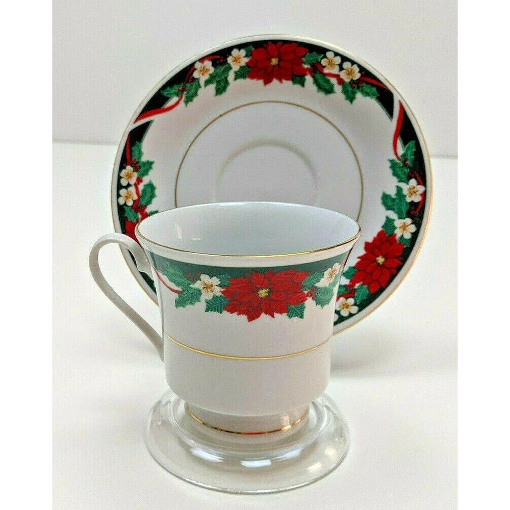 4 Tienshan Deck the Halls Porcelain Coffee Tea Footed Cups & Saucers